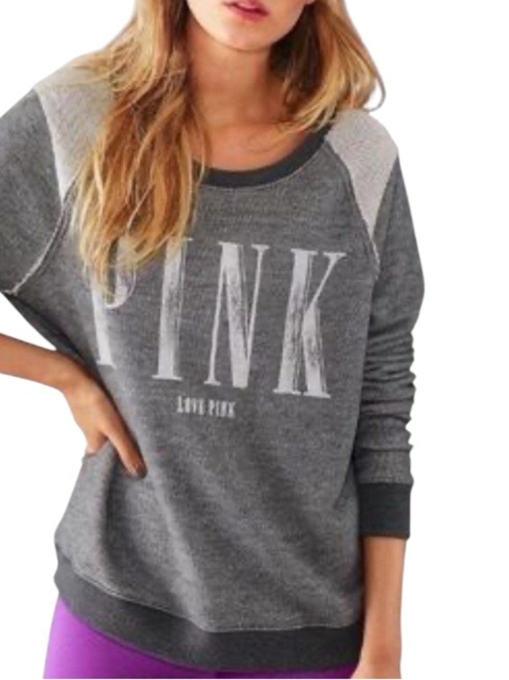 PINK Gray Distressed Graphic Logo Sweatshirt